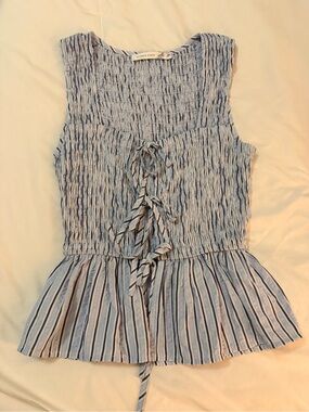 Altered State Blue Striped Smocked Tie-Front Peplum Tank